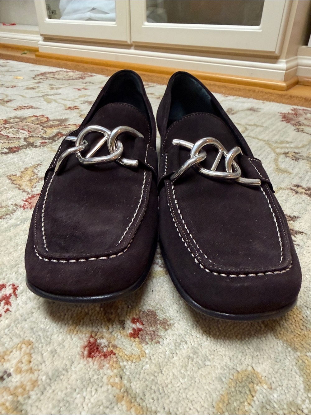 Claudia Ciuti Dark Brown Suede Slip-On Loafers with Silver Chain Accent